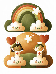 Obraz premium Cheerful Nurse Characters with Rainbow and Clouds in Playful Style