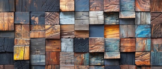 Fototapeta premium Vibrant abstract aged wood texture with stacked wooden blocks on wall – Colorful artistic architectural background for creative designs
