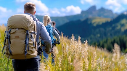 Hikers ascend mountain trail, scenic background, summer adventure, travel photography