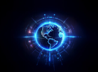 Naklejka premium A glowing blue digital Earth encircled by a futuristic HUD interface, radiating energy and technological advancement. The dark background emphasizes the vibrant globe.