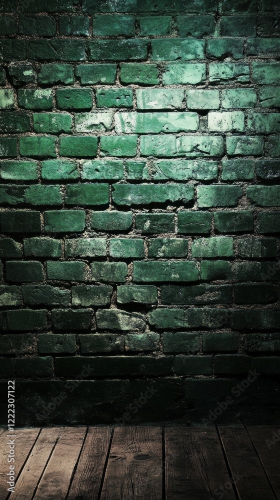 Poster A textured green brick wall catches gentle light, casting deep shadows and creating a moody ambiance. This unique setting offers a blend of color and contrast in a dimly lit environment