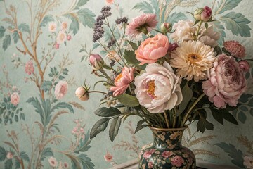 Obraz premium beautiful fantasy vintage wallpaper botanical flower bunch,vintage motif for floral print digital background.generative ai.