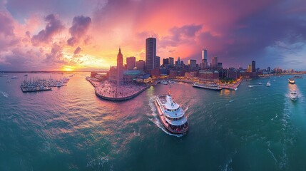 Naklejka premium Vibrant Sunset Over Urban Skyline with Boats on Water