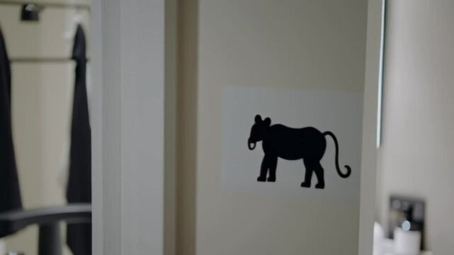 the black elephant sticker in a sleek, modern video featuring a neutral, monochrome bathroom theme. Slowly reveal the sticker being applied .