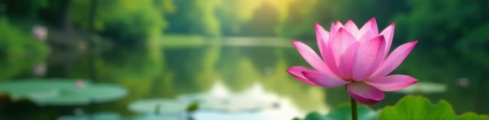Obraz premium Pink lotus flower blooming in the foreground of a peaceful lake, natural scenery, lakes