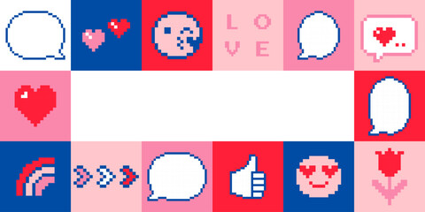 Abstract Happy Valentines Day template for poster, banner, cover, header. Mosaic minimal love design in pixel art style. Vector illustration with hearts, speech bubble and y2k game abstract elements
