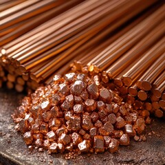 Copper wires and products displayed with raw copper ore