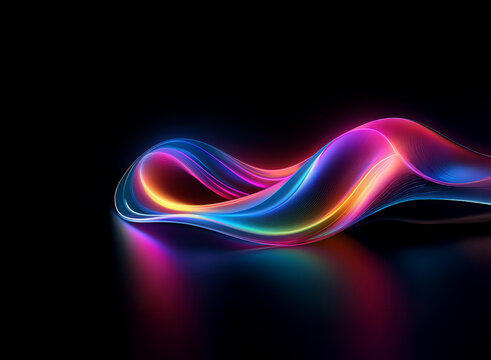 Vibrant, neon-colored waves flow and reflect on a dark surface, creating an abstract, dynamic design.  The smooth curves and glowing light evoke a sense of energy and movement.