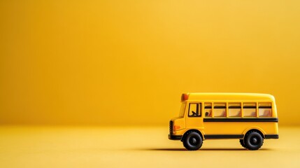 Bright yellow toy school bus on a vivid yellow background, illustrating childhood memories and playful themes