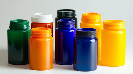 Pharmaceutical supplement bottles and containers. White and amber plastic or glass jar with different caps and lids for storing vitamins, medicines or dietary additives. Realistic 3d vector set.