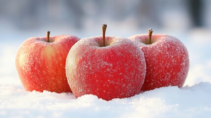Three Glazed Red Apples on Sparkling Snowy Surface in Winter