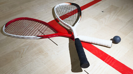 Empty squash court and rackets on the wooden floor. 