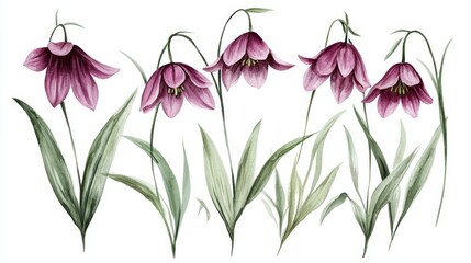 Elegant Watercolor Illustration of Fritillaria Meleagris Flowers on White Background for Botanical Art Lovers, Generative AI