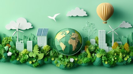 Vibrant Green Eco Landscape with Earth and Renewable Energy Elements