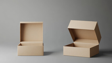 Brown cardboard box mockups set isolated on grey background. Vector realistic illustration of open and closed 3d carton packages for shoes, mail delivery, gift parcel packaging with blank surface