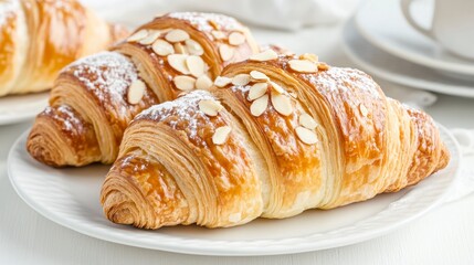 Freshly Baked Almond Croissants on White Plate with Dusting of Sugar