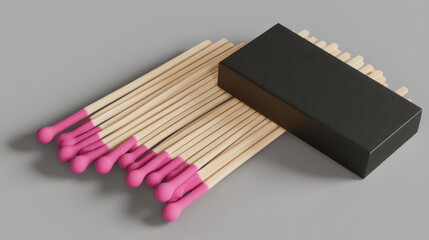 Matches in box, matchsticks with pink sulphur and wooden sticks lying in open case top view and isometric projection isolated on transparent background, Realistic 3d vector rendering, mockup set