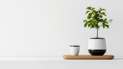 Modern Minimalist Indoor Plant Arrangement on Wooden Tray with White Background and Stylish Pot