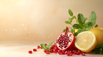 Fresh Pomegranate, Lemon, and Mint: A vibrant and healthy combination, perfect for a refreshing drink or a healthy snack.