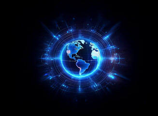 A glowing blue digital Earth encircled by a futuristic interface, radiating energy and technological advancement.  Its vibrant hues suggest innovation and global connectivity.