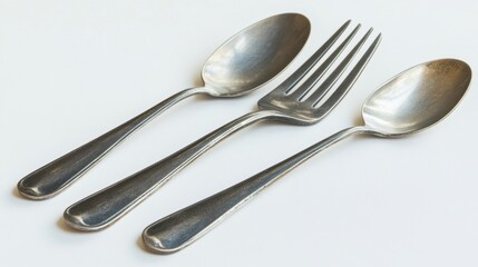 Stainless Steel Spoon Fork Cutlery Arrangement on White Background