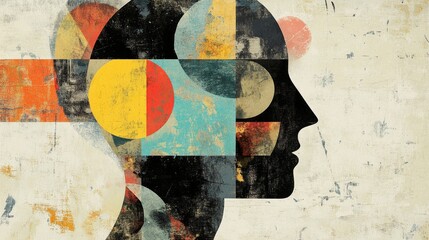 Fototapeta premium Minimalistic head illustration with abstract shapes representing the subconscious mind