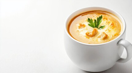 Creamy Soup Garnished with Fresh Herbs in a White Cup