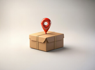 A simple brown cardboard box with twine, topped with a glossy red location marker, sits on a plain white background, suggesting delivery or location tracking.