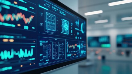 High-tech Digital Dashboard Displaying Analytical Data and Business Metrics in Modern Office Environment