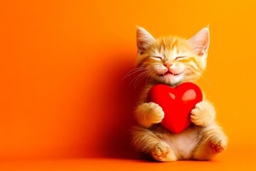 Bombay - my treasured cat. Cute bombay young cat with furry friend toy red heart - emblem of love, funny greeting card. Marketing visual idea. Love and friendship. Romantic february 14.