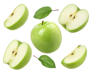 green apple (granny smith apple), slice, half and leaf isolated, transparent PNG, PNG format