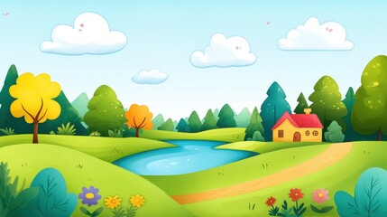 Naklejka premium Vibrant Cartoon Landscape with River, Trees, House and Flowers