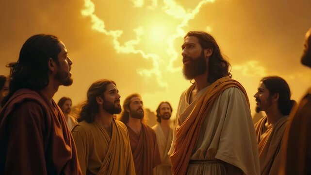 Resurrected Jesus and the disciples looking at him with reverence. Bible stories. Easter resurrection holiday.