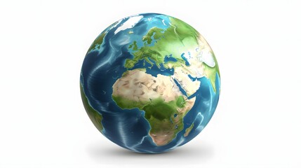 Highly detailed and three dimensional digital rendering of a globe depicting the Earth isolated on a transparent background