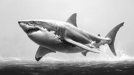 Fototapeta premium Majestic Great White Shark Breaching Above Ocean Surface in Monochrome
