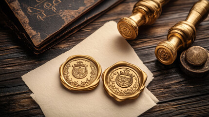 Golden wax seal stamp approval sealing. Quality guarantee blank retro postal label, royal insignia for letter or document isolated on transparent background. Realistic 3d vector illustration, icon set