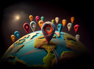 A vibrant, yarn-textured globe shows interconnectedness. Colorful location markers radiate outwards, symbolizing global networks and connections.