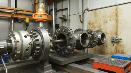 Obraz premium CNC drilling factory, Turbine parts manufacturing process, Metal tool industry
