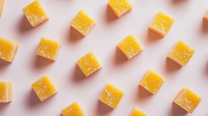 Bright Yellow Cubes of Gelatin Dessert on Soft Light Background