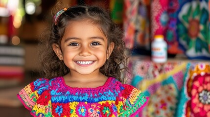 Fototapeta premium Smiling Young Girl in Colorful Traditional Dress at a Vibrant Market with Handmade Crafts