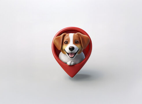 A cheerful cartoon dog peeks from a red location marker, set against a minimalist white background.  The image is clean, simple, and playful.