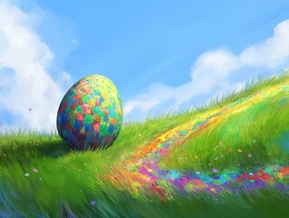 colorful easter egg on grassy hill, rainbow trail, springtime scene, fantasy art