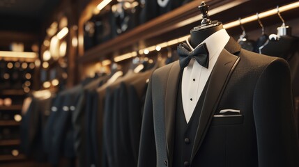 A stylish tuxedo displayed on a mannequin in a sophisticated shop, surrounded by other elegant suits on hangers.