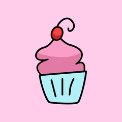 Simple and cute cupcake with pink frosting and cherry on the top. business logo or sign. cartoon style vector illustration