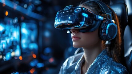 Woman using virtual reality headset exploring digital environment in indoor setting