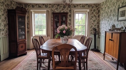 Vintage Dining Room with Floral Wallpaper