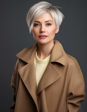 a blonde woman with short hair wearing a liht brown coat on a grey background, fashion photography, fall winter collection