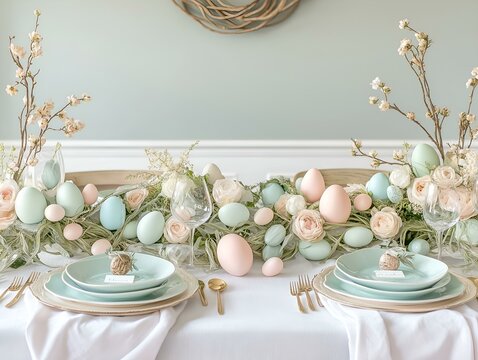 pastel easter table centerpiece with eggs and spring branches, elegant table setting