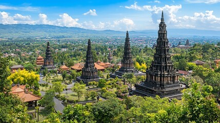 Panoramic view of ancient black stone temples nestled amidst lush green landscape and a cityscape in the background under a vibrant blue sky with fluffy white clouds.