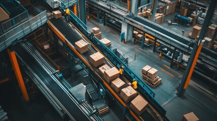 A bustling logistics hub with automated conveyor belts and workers sorting packages in a distribution center, Logistics hub scene, Supply chain efficiency style